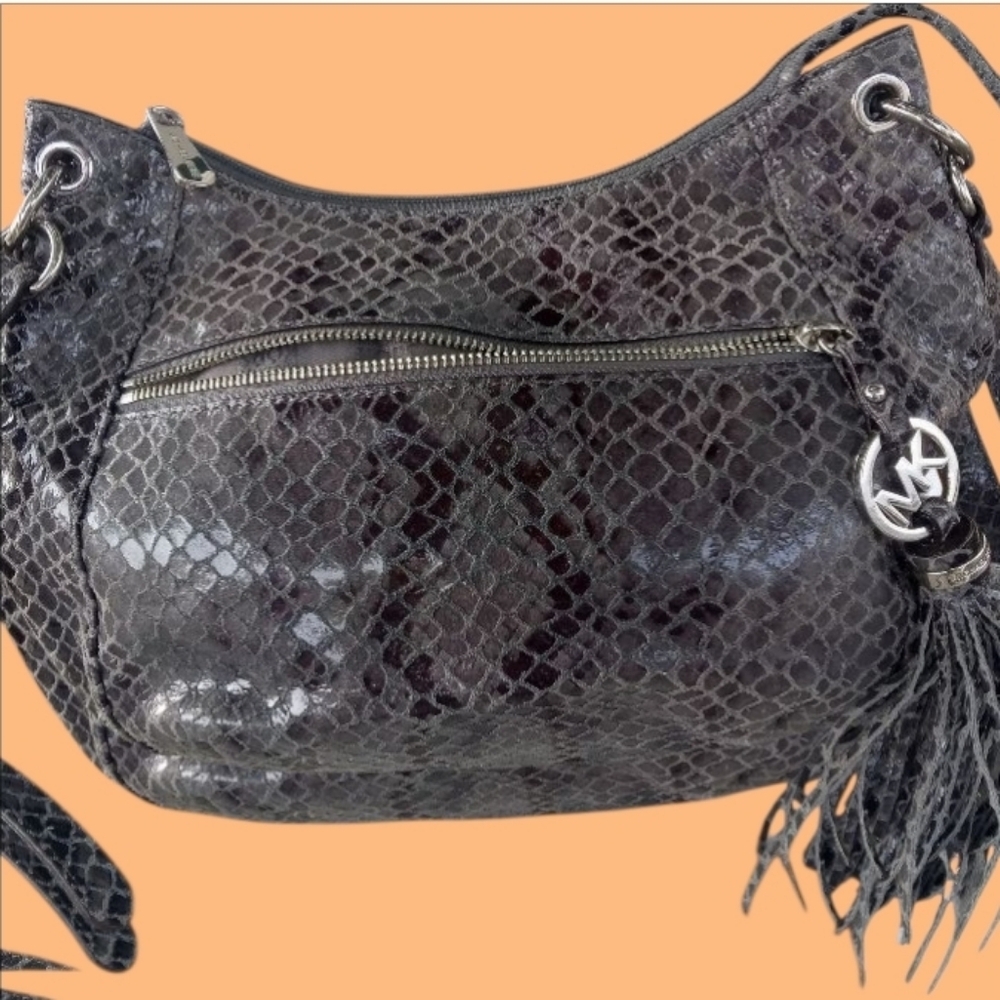 Michael Kors Glossy Snake Print Hobo Bag - Gray and Black